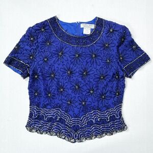 Vintage Adrianna Papell Silk Beaded‎ Evening Top Womens M Royal Blue Scalloped